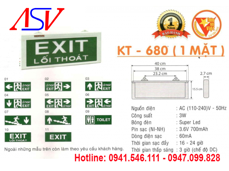Đèn exit 1 mặt KT-680 Kentom